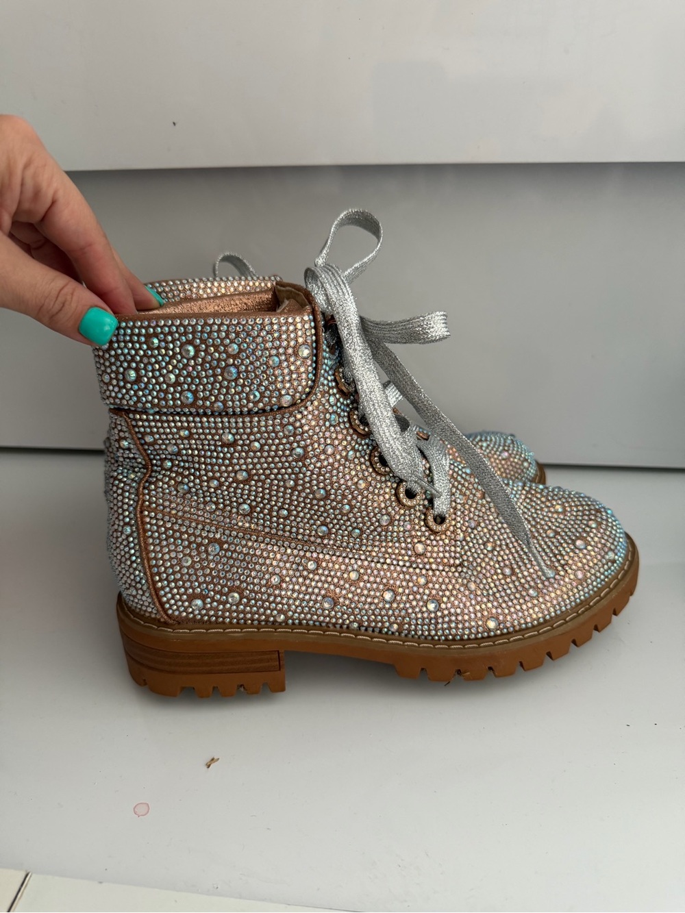 Bakers Rose Gold Rhinestone Lace-Up Ankle Boots with Silver Laces